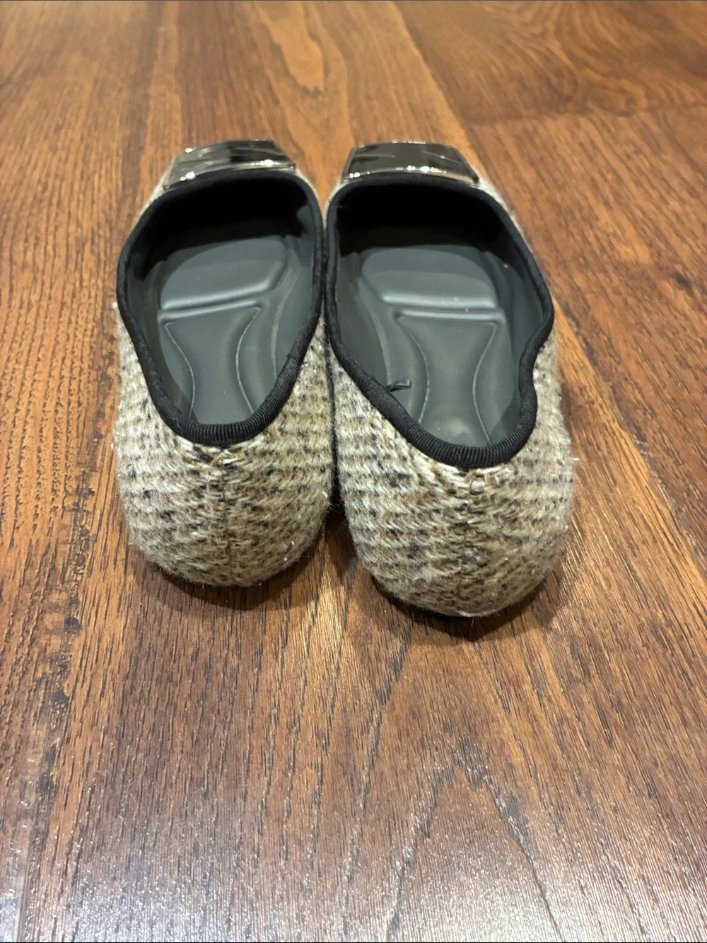 Franco Sarto Beige Tweed Ballet Flats with Black Patent Buckle